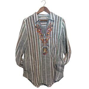 Soft Surroundings Women’s Top Aruba Tunic Striped Embroidered‎ Floral Sz M Boho